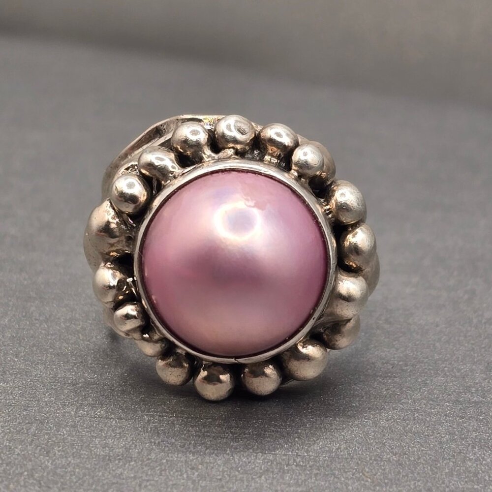 VTG Masha Archer Sterling Silver Pink Mabe Pearl Ring Size 7 Brutalist Statement - Picture 2 of 13